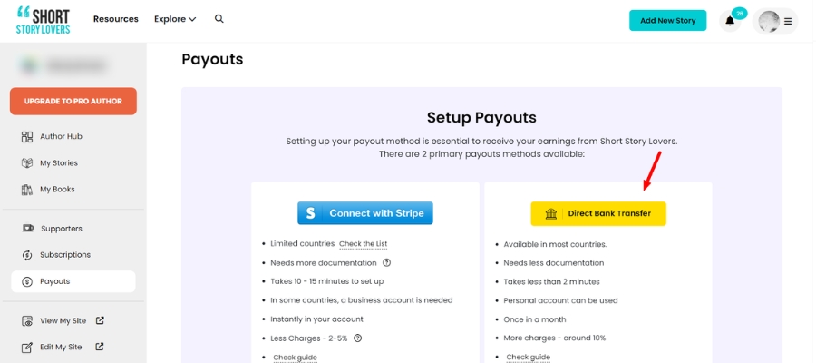 Setup Payout on Short Story Lovers